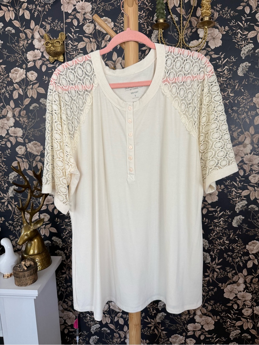torrid Cream Henley Top with Crochet Short Sleeves